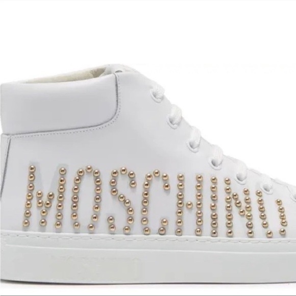 MOSCHINO Leather High Top Sneaker Logo Stud Lace Up White Shoes 8 NWT AUTHENTIC - Picture 5 of 16